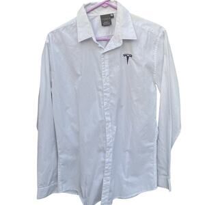 Tesla embroidered white button up dress shirt Size Medium